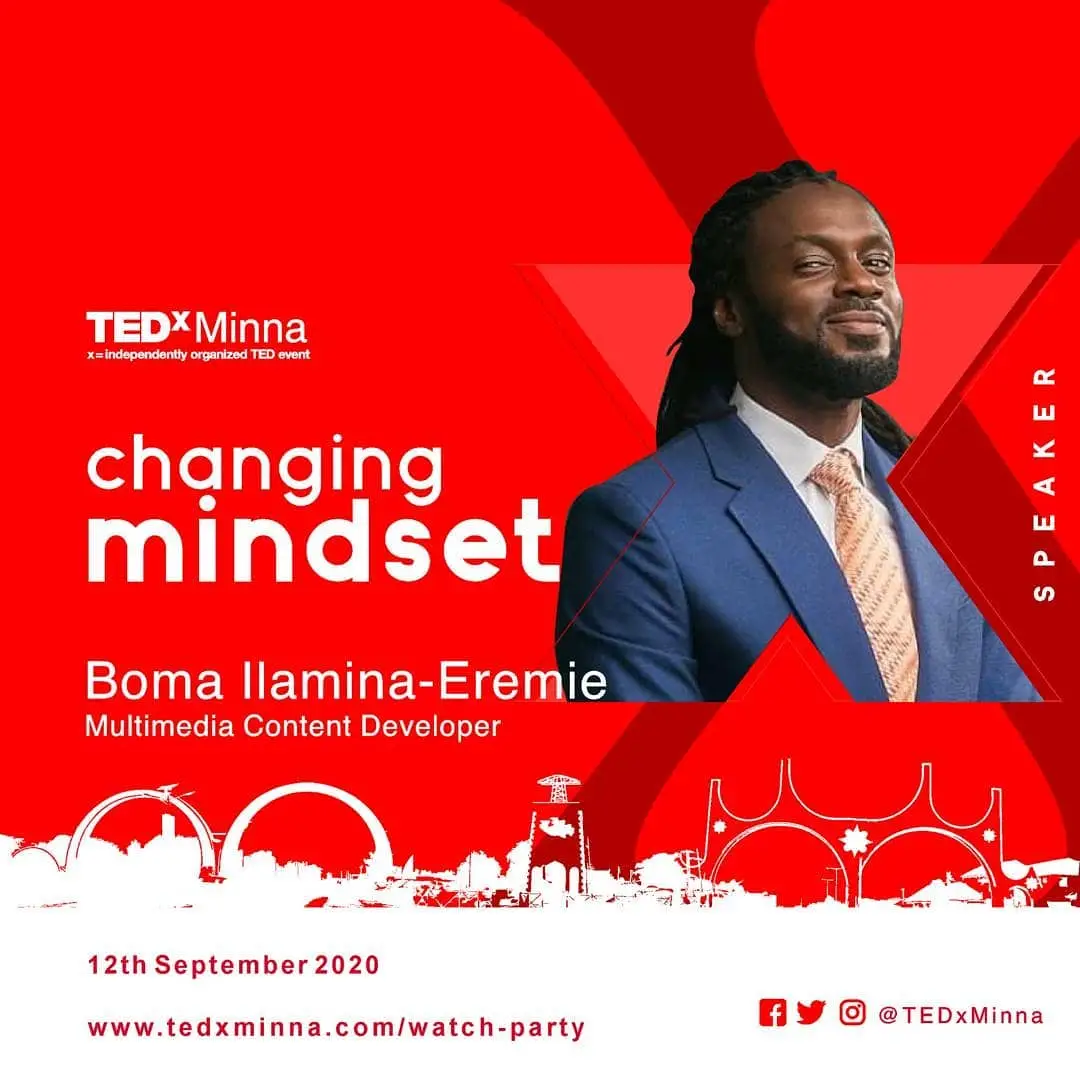 Multimedia Content Developer, Boma Ilamina-Eremie, speaking at TEDx Minna